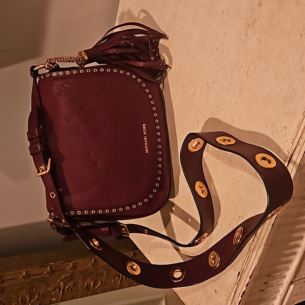 Michael Kors Women's Burgundy Leather Crossbody Saddle Bag